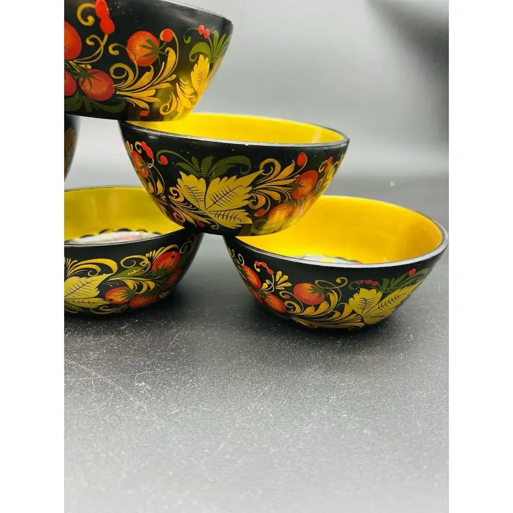 Set of 6 Vintage Khokhloma Hand Painted Wooden Russian Folk Art Bowls USSR